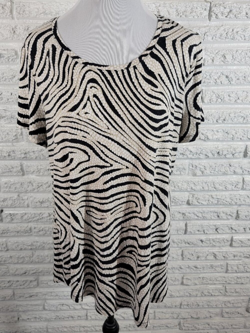 JM Collection Women XL Tunic Top Black Tan Swirl Short Sleeve Stretch WAT72XE